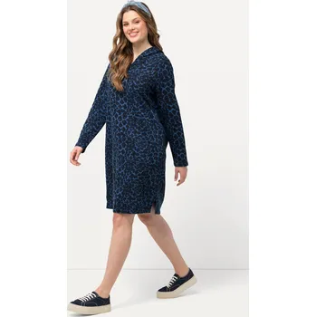 Dámské šaty Ulla Popken, Plus size Teplákové šaty, mikina s kapucí, leopardí vzore, otevřené okraje, dlouhé rukávy pro plnoštíhlé nadměrná velikost, 832142749-1129, modrý, 46/48, Nadměrné velikosti, Plus size oblečení, Oblečení pro boubelky, Oblečení pro baculky, Obl