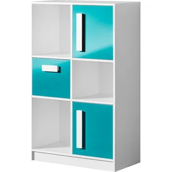 Komoda GOLIÁŠ 7- komoda vysoká se 3 dvířkami a 3 police (GULIVER 7)-korpus bílá/dvířka tyrkysová lesk/úchyt bílá (DO) (K150-E)