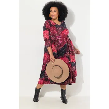 Dámské šaty Ulla Popken, Plus size Žerzejové šaty, kašmírový vzor, výstřih do V, dlouhé rukávy, kapsy pro plnoštíhlé nadměrná velikost, 834227544-1131, nachový, 54/56, Nadměrné velikosti, Plus size oblečení, Oblečení pro boubelky, Oblečení pro baculky, Oblečení pro p