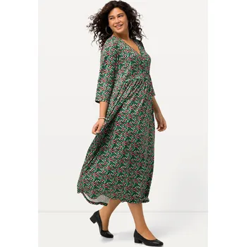 Dámské šaty Ulla Popken, Plus size Žerzejové šaty, puntíky, zavinovací vzhled, výstřih do V, 3/4 rukávy pro plnoštíhlé nadměrná velikost, 825694100-1134, černý, 66/68, Nadměrné velikosti, Plus size oblečení, Oblečení pro boubelky, Oblečení pro baculky, Oblečení pro p