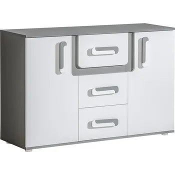 Komoda APALUCHA 7- KOMODA široká nízká s dvířkami, šuplíky a poličkami (APETITO 7) - korpus šedá/dvířka bílá/úchyt bílošedá (DO) (K150-Z)