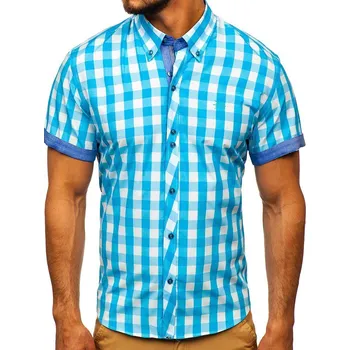 Pánská košile Tyrkysová pánská kostkovaná košile s krátkým rukávem Bolf 6522 - M