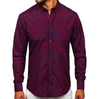Pánská košile Vínová pánská kostkovaná vichy košile s dlouhým rukávem Bolf 22747 - S