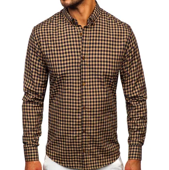 Pánská košile Hnědá pánská kostkovaná vichy košile s dlouhým rukávem Bolf 22747 - S