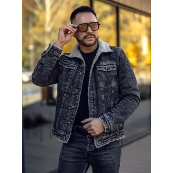 Černá pánská džínová zateplená bunda trucker s koženým límcem Bolf 1160 - S