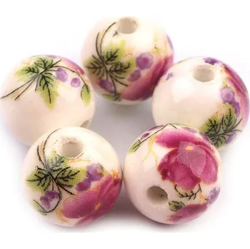 Dětské navlékací korálky Porcelánové korálky s květy Ø12 mm, malé, 4 vínová fuchsie