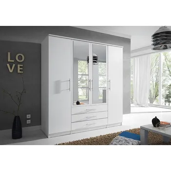 Šatní skříň ŠEBA 4D (SZANTAL SZ 20=6BALÍKŮ) - ŠATNÍ SKŘÍŇ - 4- dvéřová 3 šuplíky se zrcadlem - lamino - Bílá (IZ) (K150-Z)