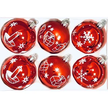Vánoční ozdoba Irisa Sada skleněných vánočních koulí Rudo-bílé svátky - červená se bílým dekorem plovoucích svíček, dárků a vloček (Sada 6 ks, Velikost 7 cm) Velikost: 7 cm, Balení: 6ks, Barva: červená