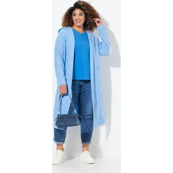 Dámský svetr Ulla Popken, Plus size Dlouhý rozepínací svetr, kapuce, otevřený střih, úplet pro plnoštíhlé nadměrná velikost, 832585725-1131, modrý, 54/56, Nadměrné velikosti, Plus size oblečení, Oblečení pro boubelky, Oblečení pro baculky, Oblečení pro plnoštíhlé, Obl