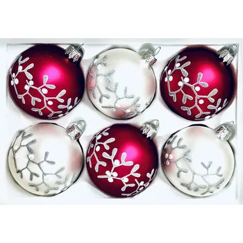 Vánoční ozdoba Irisa Sada skleněných vánočních koulí Vivienne - bílé a červené se stříbrným dekorem jmelí (Sada 6 ks, Velikost 7 cm) Velikost: 7 cm, Balení: 6ks, Barva: bílá;červená