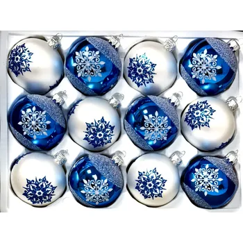 Vánoční ozdoba IRISA Sada 12 vánočních koulí 7 cm – Ledové vločky v modrobílé eleganci Velikost: 7 cm, Balení: 12ks, Barva: bílá;modrá