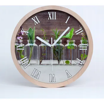 Hodiny Dřevěné nástěnné hodiny rostliny ve sklenicích průměr 25 cm