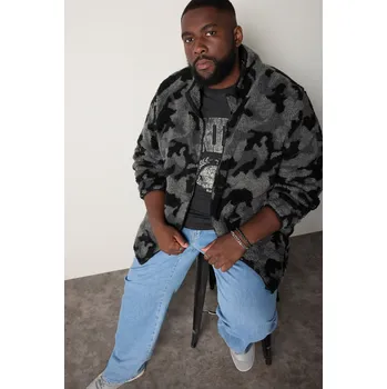 Dámský kabát STHUGE, Plus size STHUGE teddy kabát, maskovací vzor, stojací límec, do 8 XL pro plnoštíhlé nadměrná velikost, 831950100-1455, černý, 6XL, Plus size oblečení, Oblečení pro vysoké muže, Nadměrné velikosti, Oblečení pro plnoštíhlé.