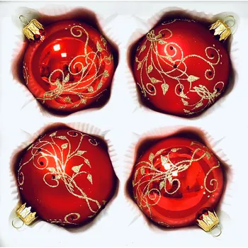 Vánoční ozdoba Irisa Sada skleněných vánočních koulí Arabella - červené se zlatým dekorem liány (Sada 4 ks, Velikost 7 cm) Velikost: 7 cm, Balení: 4ks, Barva: červená