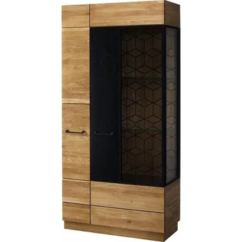 Obývací stěna MONURIKI 12 - VITRÍNA ŠIROKÁ VYSOKÁ 2 dvířková dub medový s elementy černý mat -smontovaný nábytek (MOSAIC) (SZ) (K150-Z)