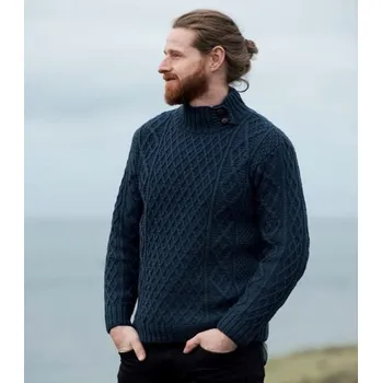 Dámský svetr Aran Woollen Mills SVETR S LÍMCEM NA KNOFLÍKY, merino vlna, modrý