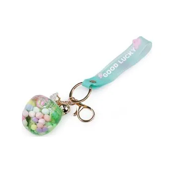 Přívěsek na batoh / klíče s tekutinou a glitry - 1 ks - 3 zelená sv. jablko