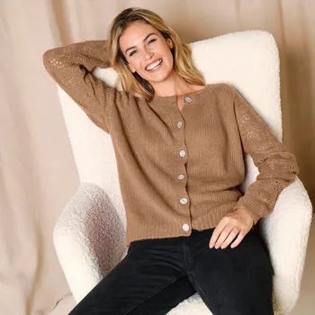 Dámský svetr Propínací svetr s bižu knoflíky karamelová 54