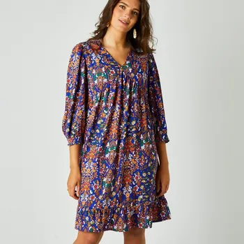 Dámské šaty Rovné šaty se 3/4 rukávy a potiskem, krep modrá/oranžová 42