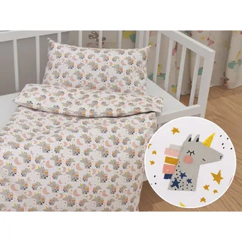 Povlečení Dětské bavlněné povlečení do postýlky Sandra SA-562 Spící jednorožci mezi hvězdičkami na bílém Do postýlky 90x140 a 40x60 cm