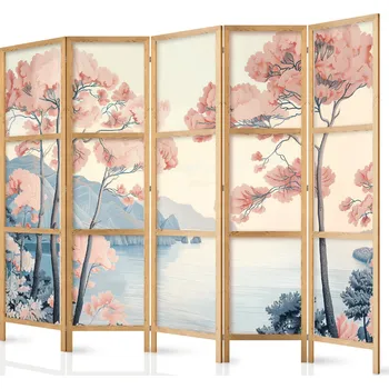 Paraván Japonský paraván - Krajina s oceánem: Útesy a stromy v jemných růžových odstínech Velikost: 225x172 cm