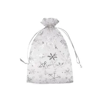 Galanterie Vánoční dárkový pytlík vločky 13x18 cm organza - 50 ks - 6 šedá nejsvětlejší stříbrná