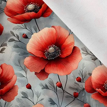 Látka matná na plavky, fitness oblečení divoké máky na šedé