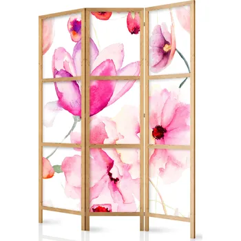 Paraván Japonský paraván - Květinová blaženost: Akvarelové růžové květy na bílém pozadí Velikost: 135x172 cm