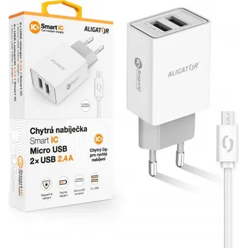 ALIGÁTOR Chytrá síťová nabíječka ALIGATOR 2.4A, 2xUSB, smart IC, bílá, Micro USB kabel 2A