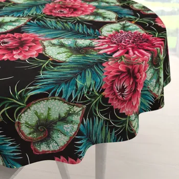 ubrus Bavlněný kulatý ubrus Sandra SA-566 Velké tropické květy a listy na černém Ø 60 cm