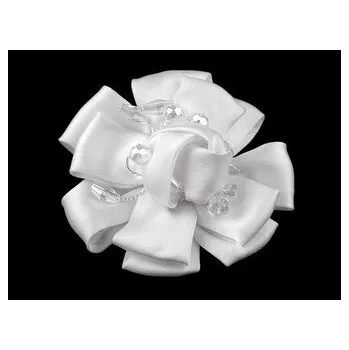 Brož Brož saténový květ s broušenými kamínky Ø7 cm bílá 6 ks