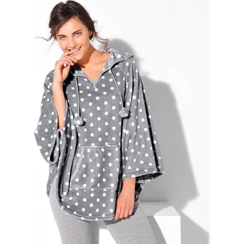 Dámský svetr Fleecové pončo s kapucí, hebké na dotek šedá potisk puntíky 38/40