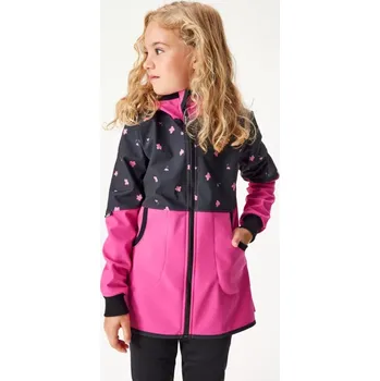 Dívčí kabát Unuo, Dívčí softshellový kabát s fleecem Street, Fuchsiová, Květiny velikost 116/122