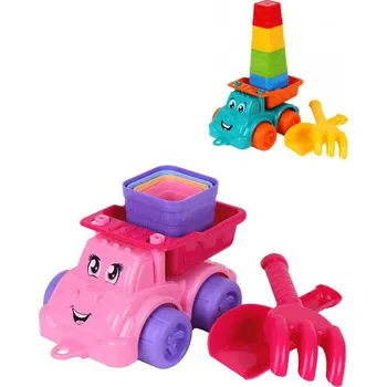 Hračka na písek Sada na písek baby autíčko s očima s formičkami a 2 nástroji 2 barvy