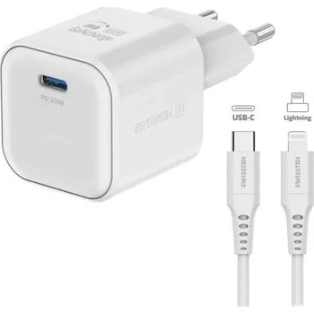 Swissten síťový adaptér gan 1x usb-c 20w power delivery bílý + datový kabel usb-c/lightning 1,2 m bílý
