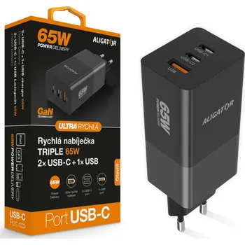 Stolní počítač Aligator nabíječka PD65W, 2USB-C, 1xUSB-A, černá