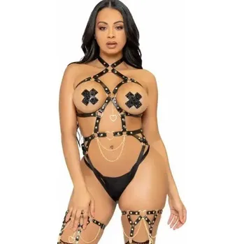 Leg Avenue Heart Ring Harness Teddy Black Velikost, M