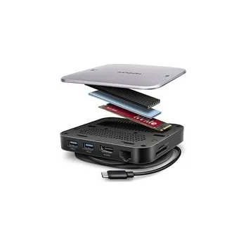 Stolní počítač AXAGON HMC-UFO, USB 10Gbps hub, 2x USB-A, USB-C, HDMI 4k/60, RJ-45, M.2 slot, SD/mSD, audio, PD 100W, kabel USB-C 65cm