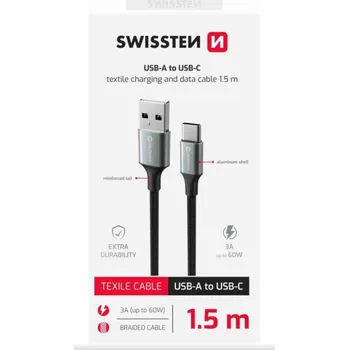 Kabel SWISSTEN DATOVÝ KABEL TEXTILE II USB / USB-C 1,5 M ČERNÝ