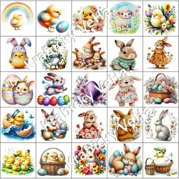 Jedlá dekorace na dort Fondánový list 25 kostiček 4x4 cm na velikonoční kalendář "Kuře s duhou"