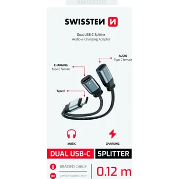 Kabel Swissten nabíjecí audio adaptértextile usb-c (samec) / 2x usb-c (samice) 0,12 m černý
