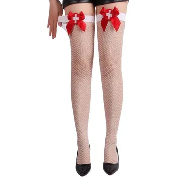 Dámské erotické punčochy Sexy Elephant Sexy White Mesh Bow Tie Nurse Long Stockings