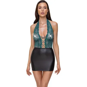 Dámské erotické body Cottelli - lacy shiny dress with lace (black-green), S