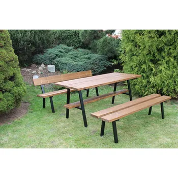 Zahradní sestava Výhodný set kovového stolu a 2 laviček s+bez opěradla Pekárek Barva prken: Prkna bez barvy (neošetřené), Délka prken: Prodloužené 180 cm, Ošetření ocelových nohou: Bez povrchové úpravy