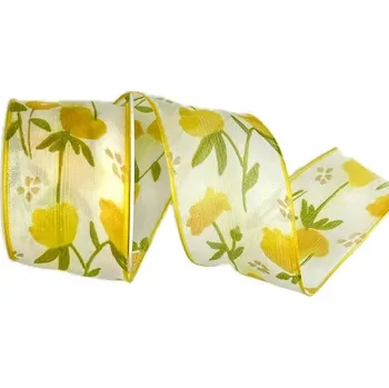 Stuha Stuha organzová SPRING TULIP žlutá 40mm x 2m (13,-Kč/m) (Stuha organzová, průsvitná, žlutá, oboustranný potisk, s vetkaným drátkem )
