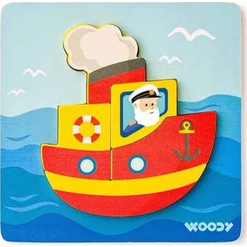 Dřevěná hračka Woody DŘEVO Baby vkládací puzzle loďka skládačka 5 dílků na desce