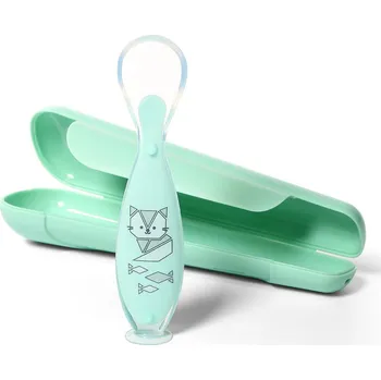 dětská jídelní sada BABYONO Lžička silikonová s obalem zelená kočka 6m+