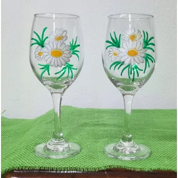 Sklenice Nebe doma Sada ručně malovaných sklenic - kopretiny - vínovky - 2 ks