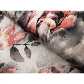 Dekorační látka Parma PM-111 Cihlově červené květy na kouřově šedohnědém - šířka 150 cm