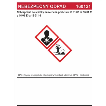 Nebezpečný odpad 160121 - Nebezpečné součástky neuvedené ....... samolepící vinylová fólie A5 (210 x 148 mm)